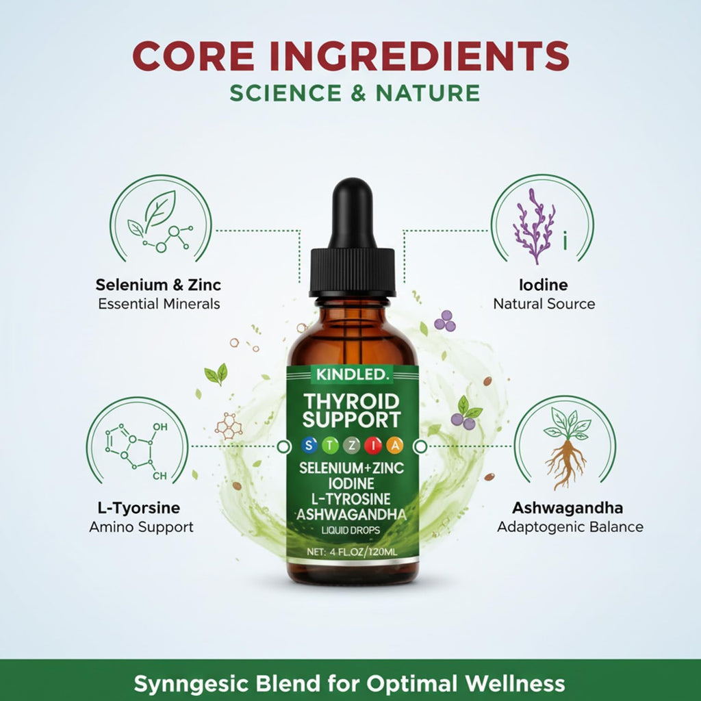 Kindled Thyroid Support Drops | Selenium Zinc Iodine L-Tyrosine Ashwagandha Liquid Drops, Thyroid Bloom | Body Balance & Support - 4 FL.OZ (1)