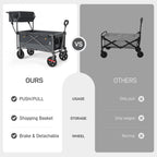 EVER ADVANCED Collapsible Push & Pull Shopping Cart with Wheels & Brakes, Foldable Wagon for Groceries with Practical Basket, Side Pockets & Cup Holders, Beach Utility Rolling Cart for Camping, Grey