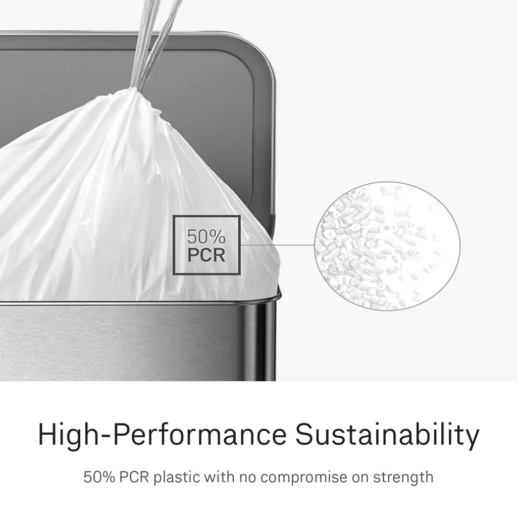 simplehuman Code G 100 Count Custom Fit Liners, Drawstring Kitchen Trash Bags, One-by-One Mess-Free Dispense, Extra Thick & Double Seamed, 50% PCR Plastic, 30 Liter / 8 Gallon, White