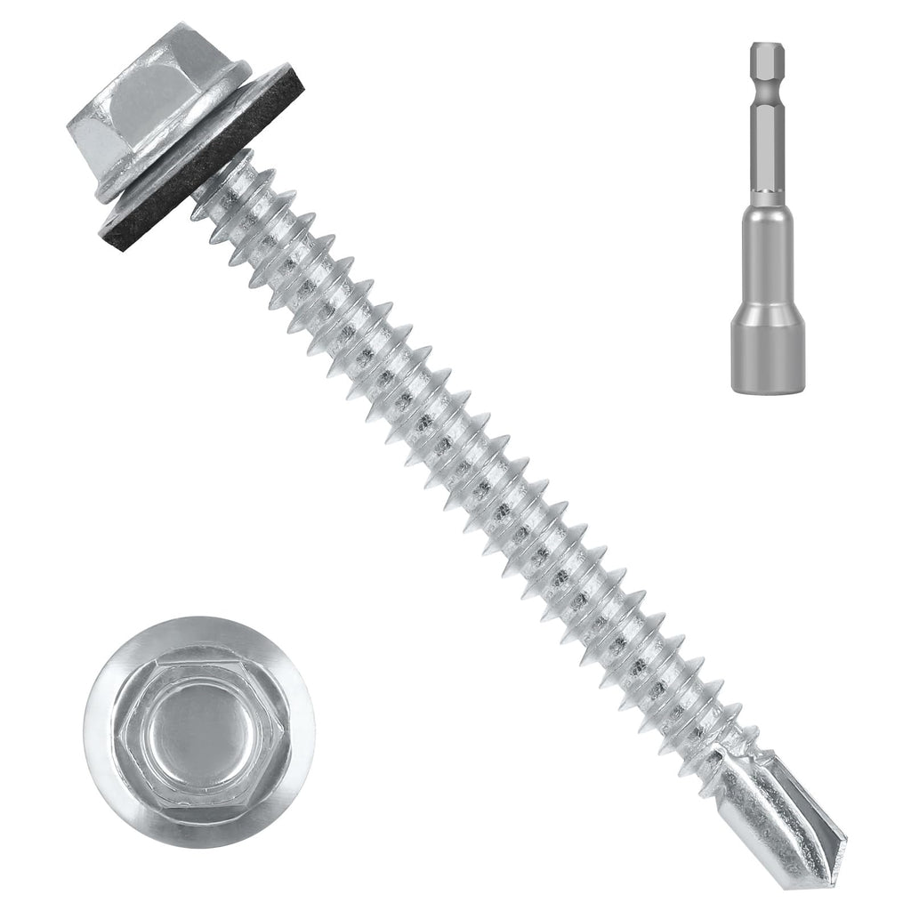 #12 x 3 (50 PCS) Metal Roofing Screws with Rubber Washer, Hex Head Self Tapping Screws for Metal, Self Drilling Sheet Metal Screw, Hex Bit Socket Included
