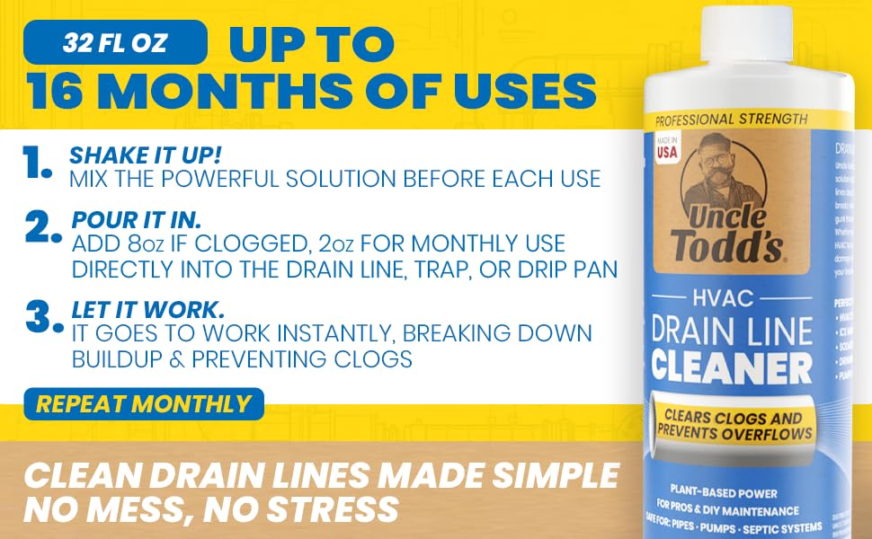 Uncle Todd's HVAC Drain Line Cleaner – 16 Months Supply Bleach-Free, Fast-Acting, Long-Lasting AC Drain Line Solution for Tough Clogs & Buildup
