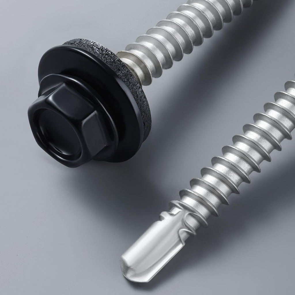 BNUOK #10 x 1 in Self-Drilling Metal Roofing Screws,Sheet Metal Roof Screw,EPDM Washer,Black Hex Head,with Hex Driver Bit(3LBs,304Pcs)