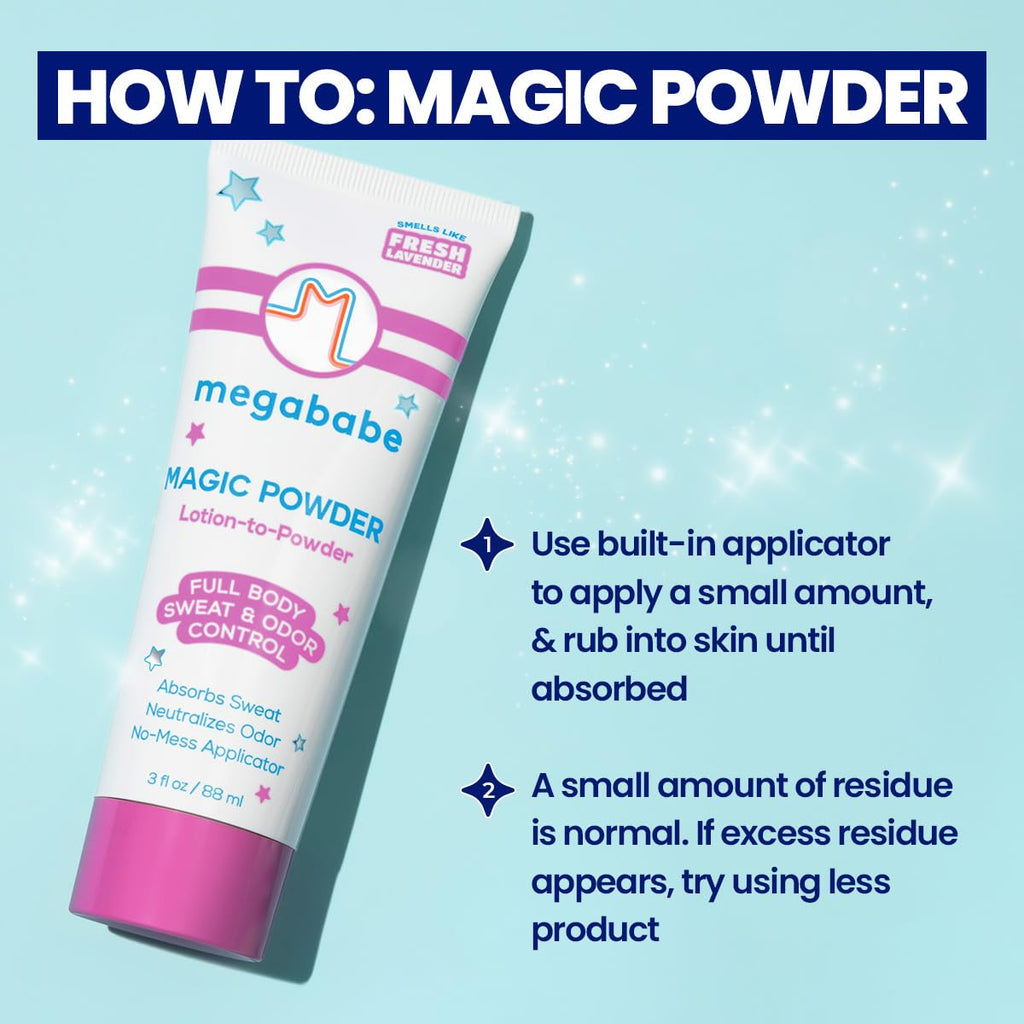 Megababe Sweat & Odor Absorbing Lotion - Magic Powder Stay-Dry Lotion to Powder | Spring Break Must-Have | Aluminum-Free, Talc-Free | 3 fl oz