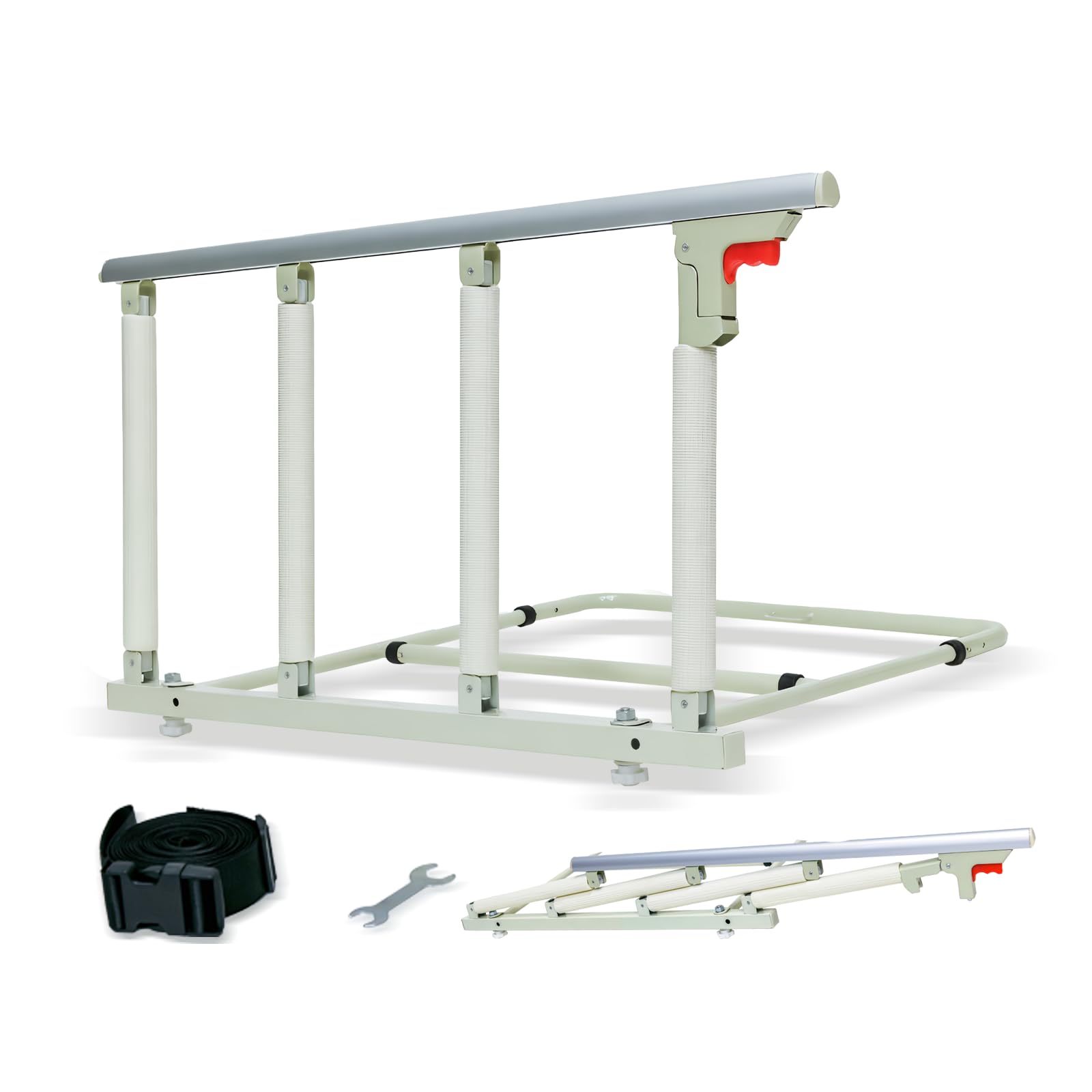 JIKEXINGMENG 30″ Folding Bed Rail–Safety Bed Rails for Elderly Adults (Twin–King,Tool-Free) Supports300lbs|Non-SlipStrap&FoamBase|180°Fold-DownDesign|Height17–21″Adjustable|PaddedGrip&OrganizerPouch