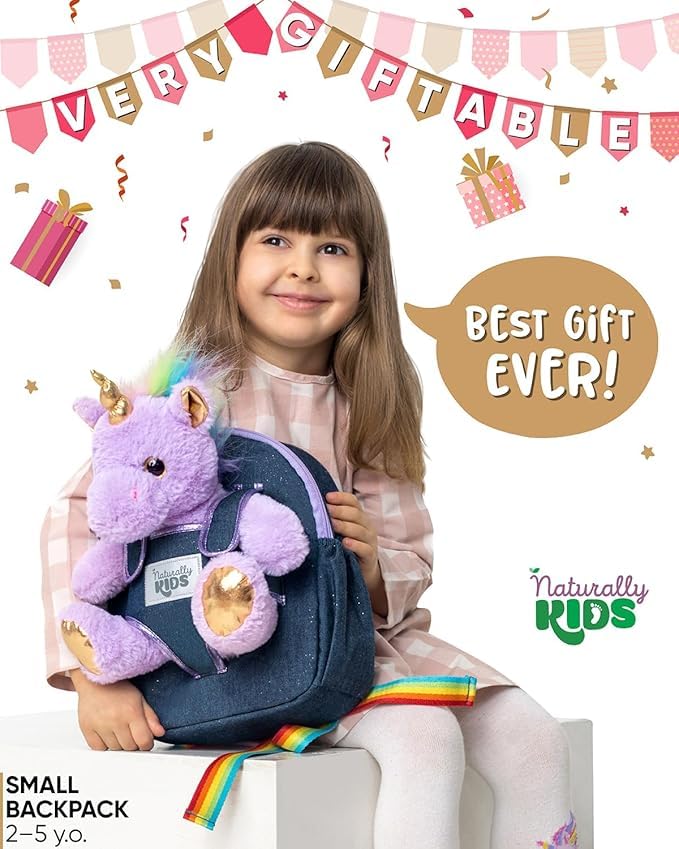 Naturally KIDS Toddler Backpack w. Plush Purple Unicorn Toy, Kids Gift 2-6