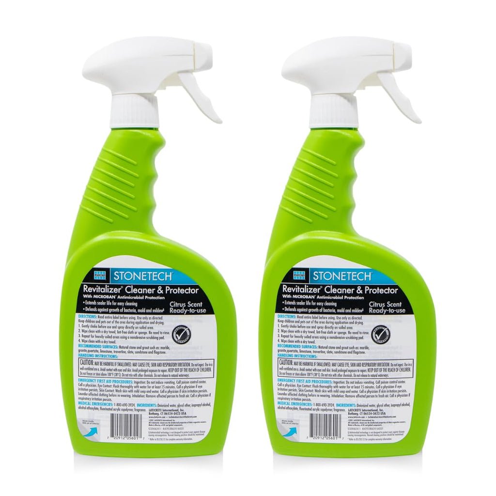 StoneTech Revitalizer Cleaner and Protector | Natural Stone Cleaner | Marble, Quartz, Granite Countertop Cleaner | 3-in-1 Cleans and Reseals | 2-Pack 24 oz Spray + Microfibers, Citrus Scent