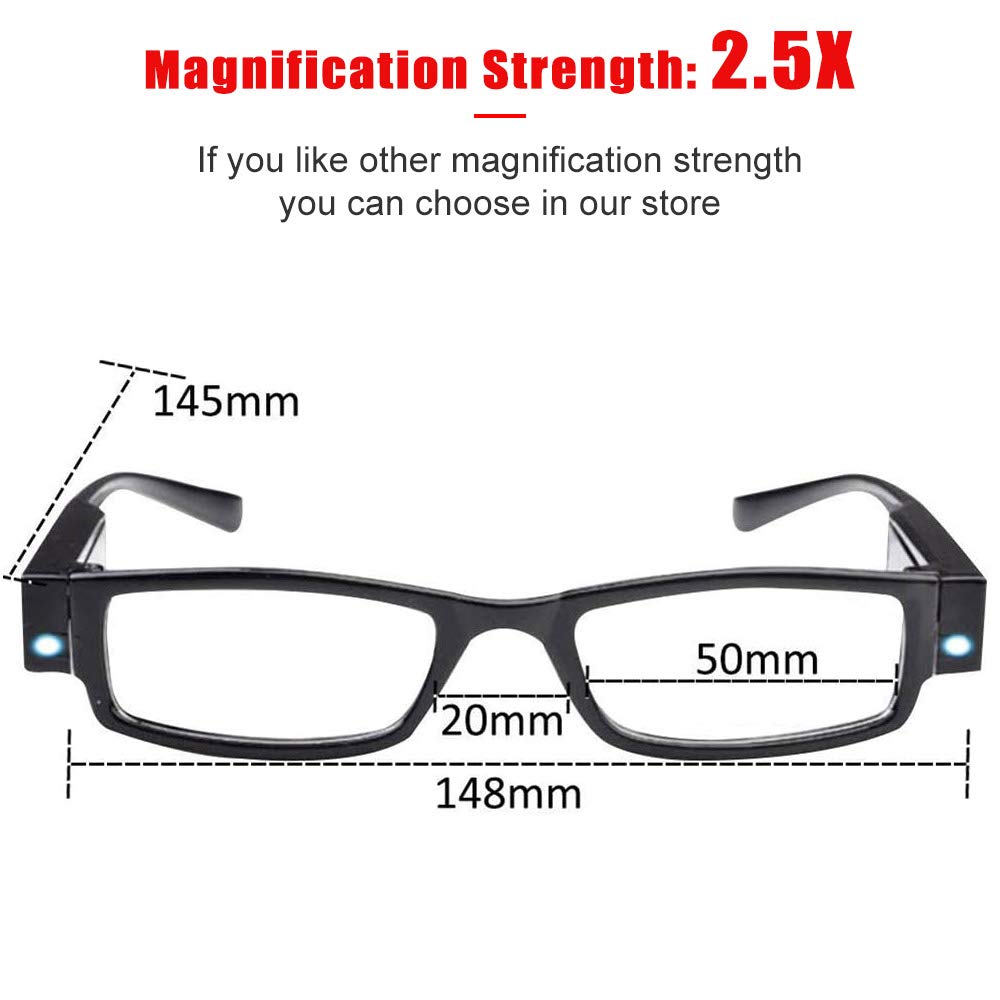 4 Pcs Reading Glasses Led Readers with Lights Fashion Glasses for Reading for Men and Women Lighted Magnifier Nighttime Reader Compact Full Frame Eyewear Unisex Clear Vision Lighted Eye Glasses(+250)