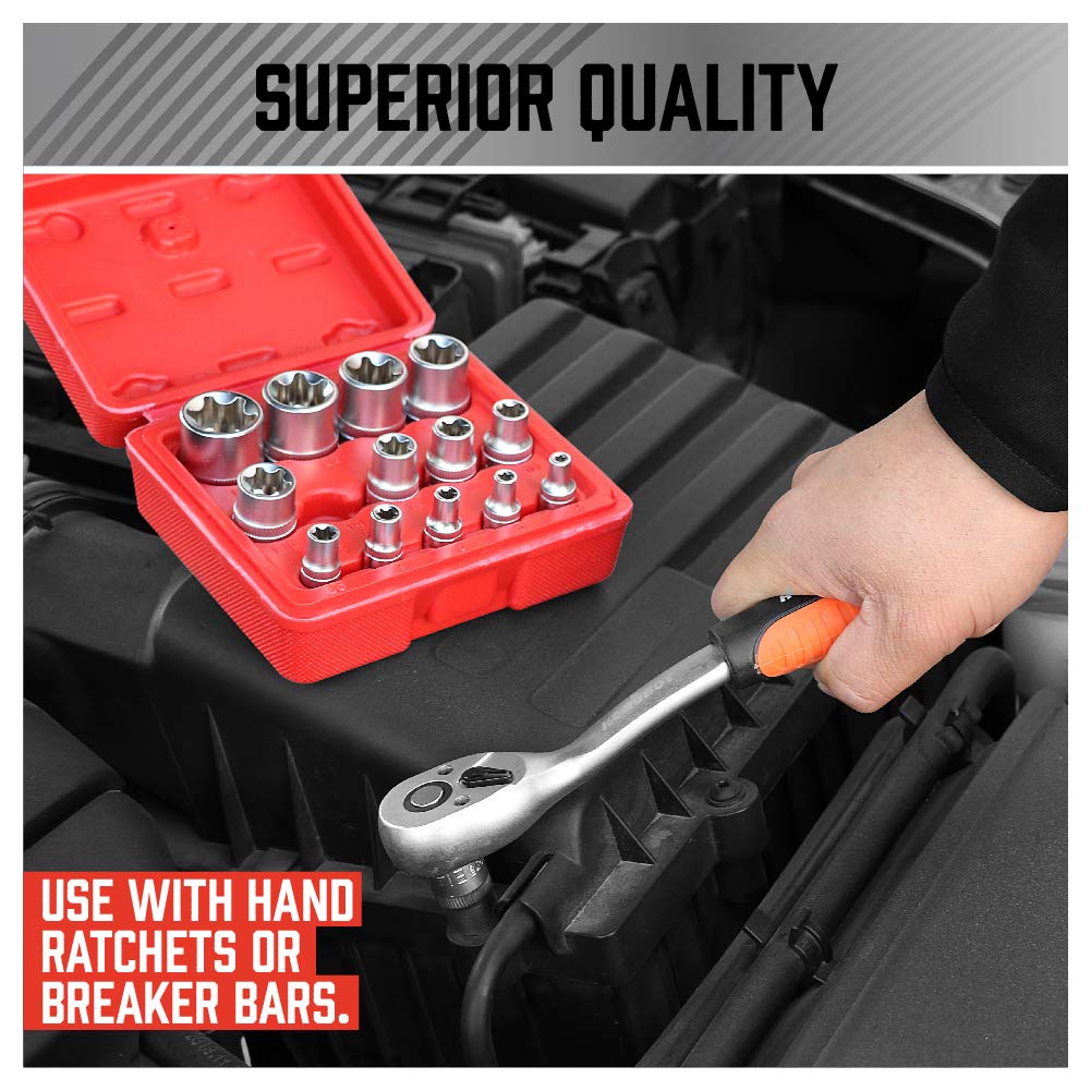 SEDY 14-Piece E-TORX Socket Set - Premium Female Torx Socket Set, Ultimate Torque Star Sockets, External Torx Sockets, E4 E5 E6 E7 E8 E10 E11 E12 E14 E16 E18 E20 E22 E24