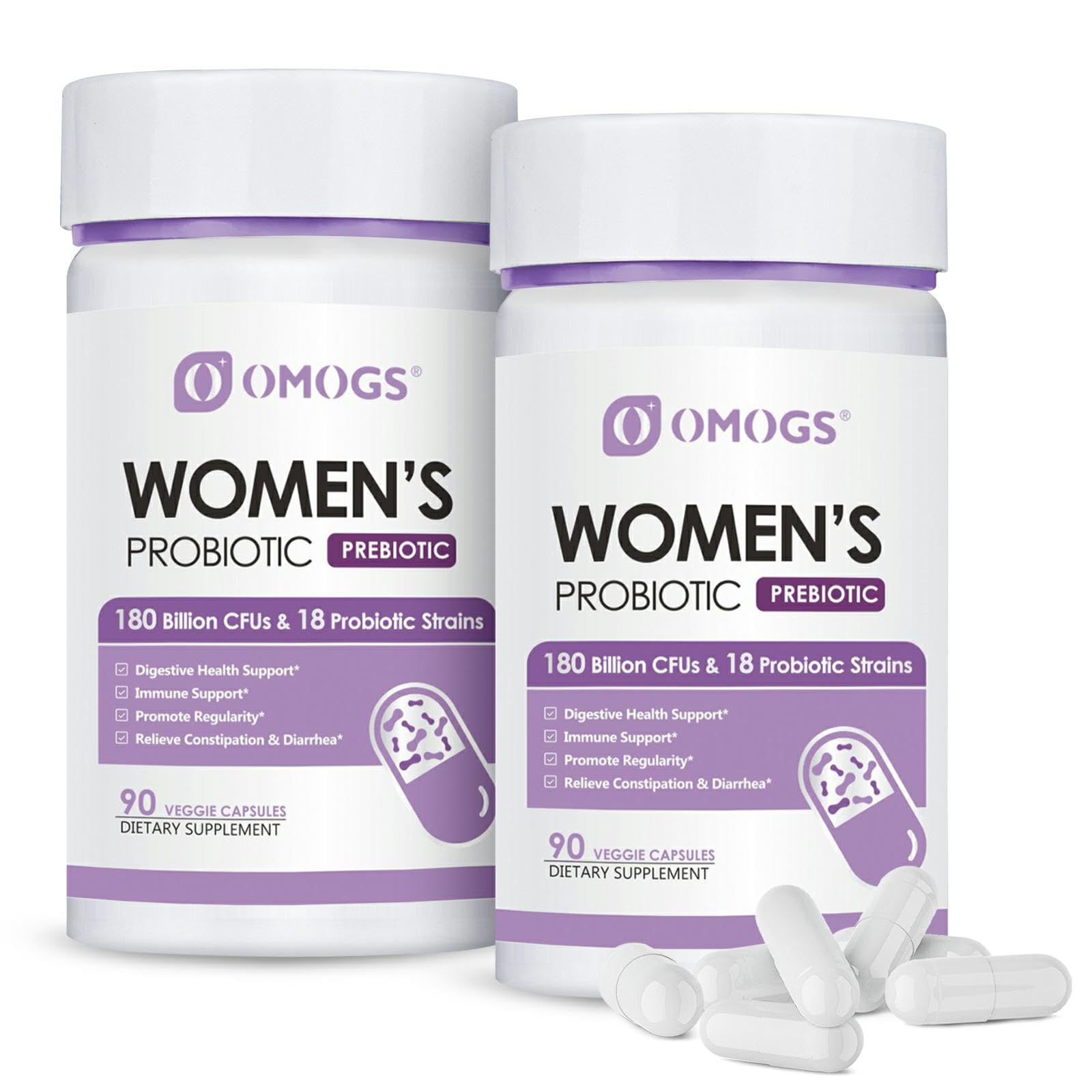 OMOGS 2PCS Women's Probiotic 180 Billion CFUs 18 Strains, with Prebiotics, Cranberry Extract, D-Mannose & Digestive Enzymes, for Digestive,Immune, PH Balance & Urethral Health, 180 Capsules