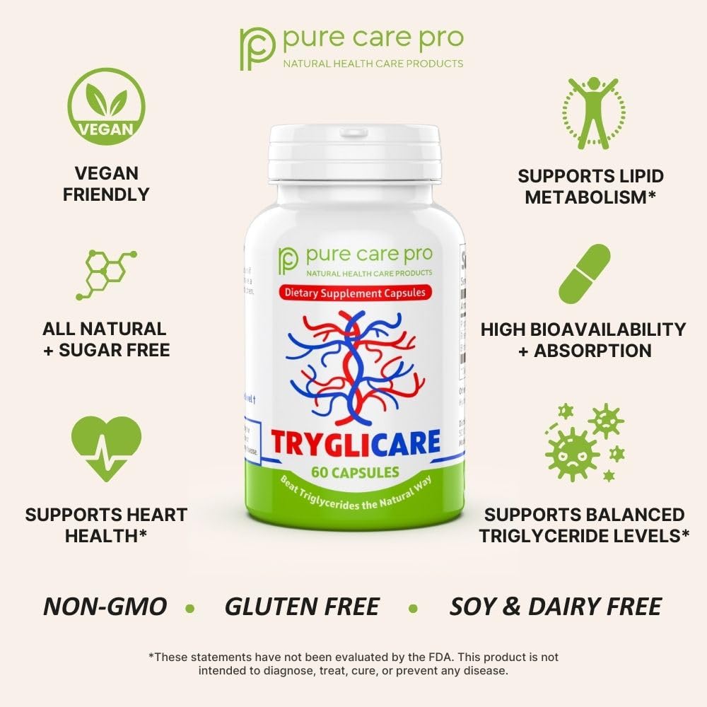 Pure Care Pro Tryglicare All-Natural Triglyceride Lowering Supplement – Premium Herbal Formula to Balance and Maintain Healthy Triglyceride & Cholesterol Levels – 60 Vegan, Gluten-Free Capsules