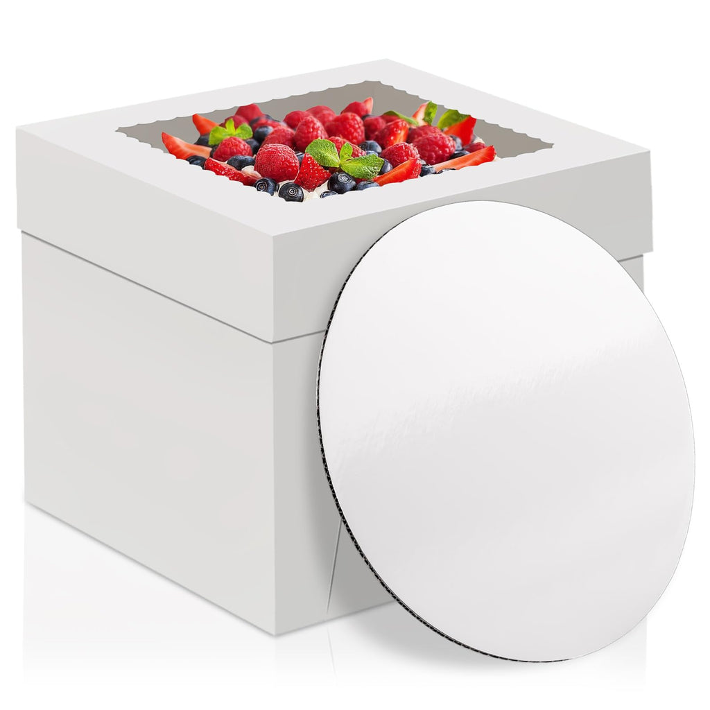WINKIO Cake Box with Cake Boards, 10 Pack Disposable Cake Carrier, Cakes Transport Container, White Bakery Holder with Window (10, white, 10x10x8 Inches)
