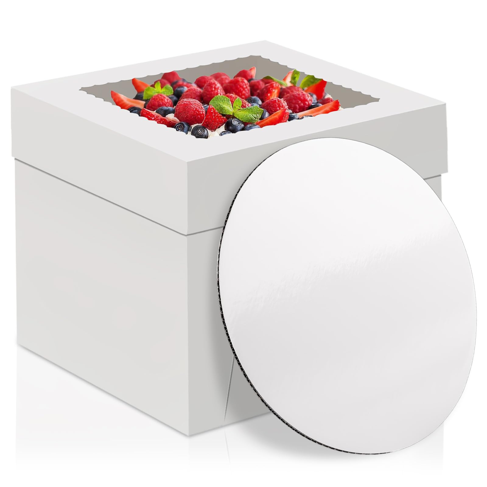 WINKIO Cake Box with Cake Boards, 10 Pack Disposable Cake Carrier, Cakes Transport Container, White Bakery Holder with Window (10, white, 10x10x8 Inches)