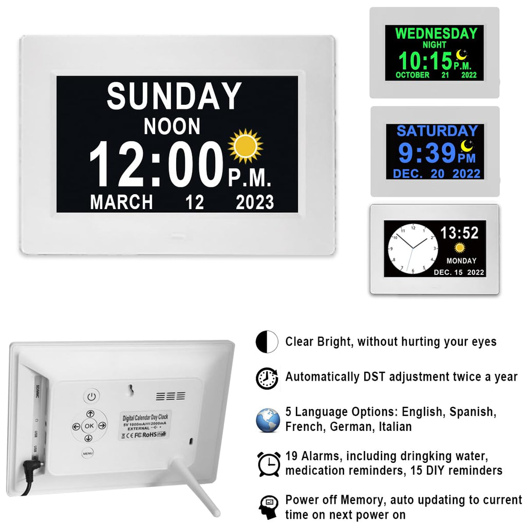 27 Alarms Digital Clock with Voice-Talking Time, Auto DST, 20 Custom Reminders, 10-Level Night Dimmer, Sleep Trainer, Day Date Week Calendar Clock for Seniors Dementia Alzheimers- 7 Inch with Remote