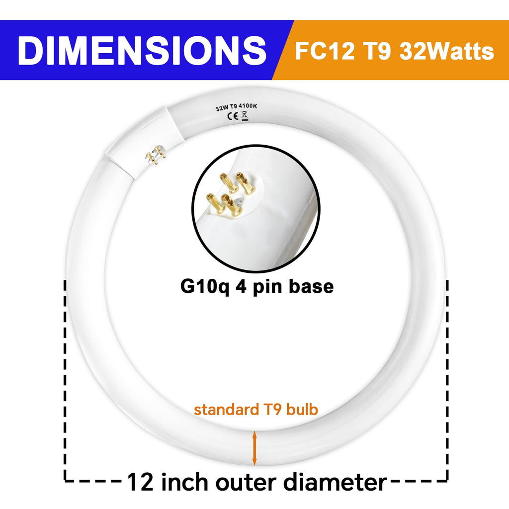 Celiwace FC8T9/CW 22W and FC12T9/CW 32W Cool White Set, 8 inch T9 22 Watts Circular Light Bulbs, 12 inch 32 Watts Circline Fluorescent Bulb Round Ring Bulb CRI 80, G10q Prong