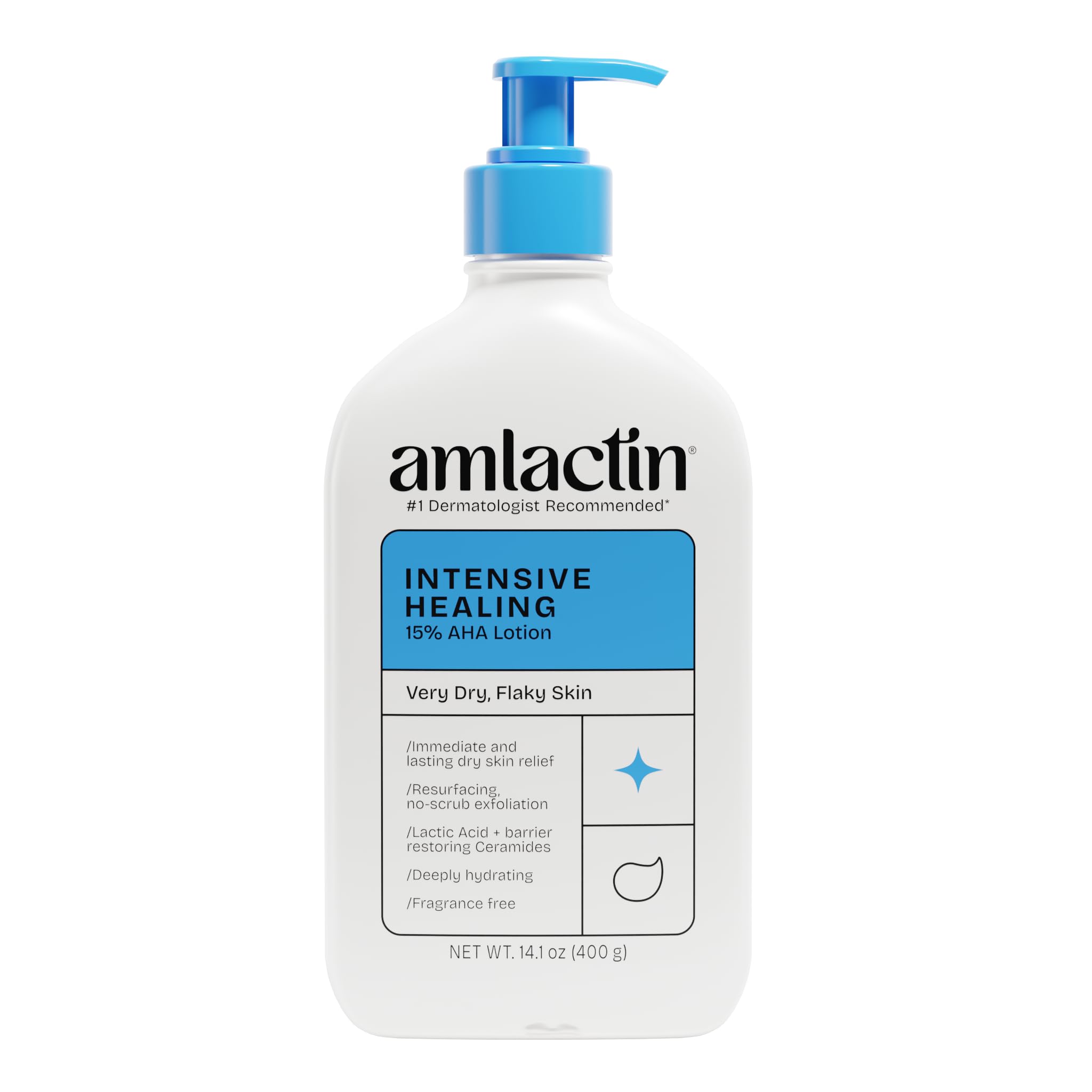AmLactin Intensive Healing Body Lotion - Therapeutic Lotion for Extremely Dry Skin - No-Scrub Exfoliator and Moisturizer with 15% Lactic Acid AHA and Ceramides, 14.1 oz (Packaging May Vary)