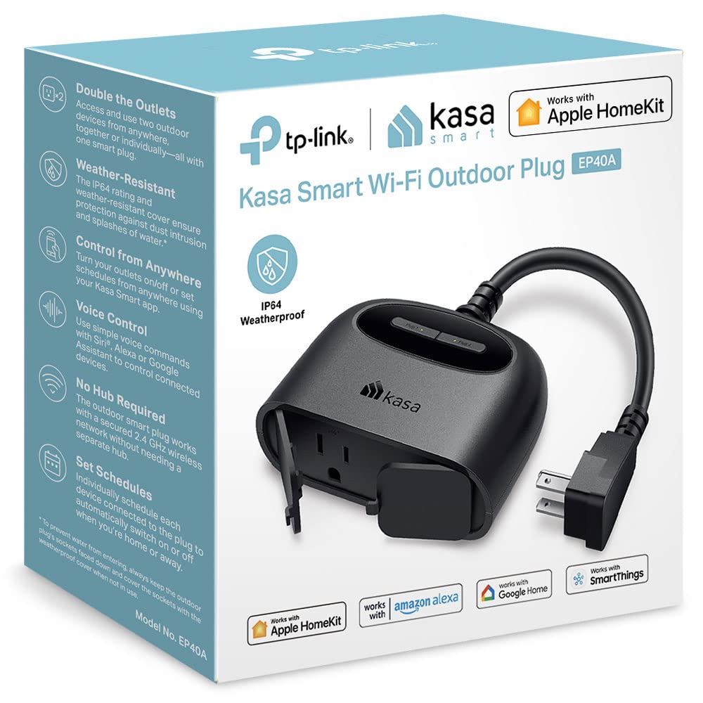 Kasa Apple HomeKit Outdoor Smart Plug, 2 Sockets, IP64 Weather Resistance for Outdoor String Lights, Compatible with Siri, Alexa & Google Home, Long Wi-Fi Range, 2.4G Wi-Fi Only, ETL Certified (EP40A)