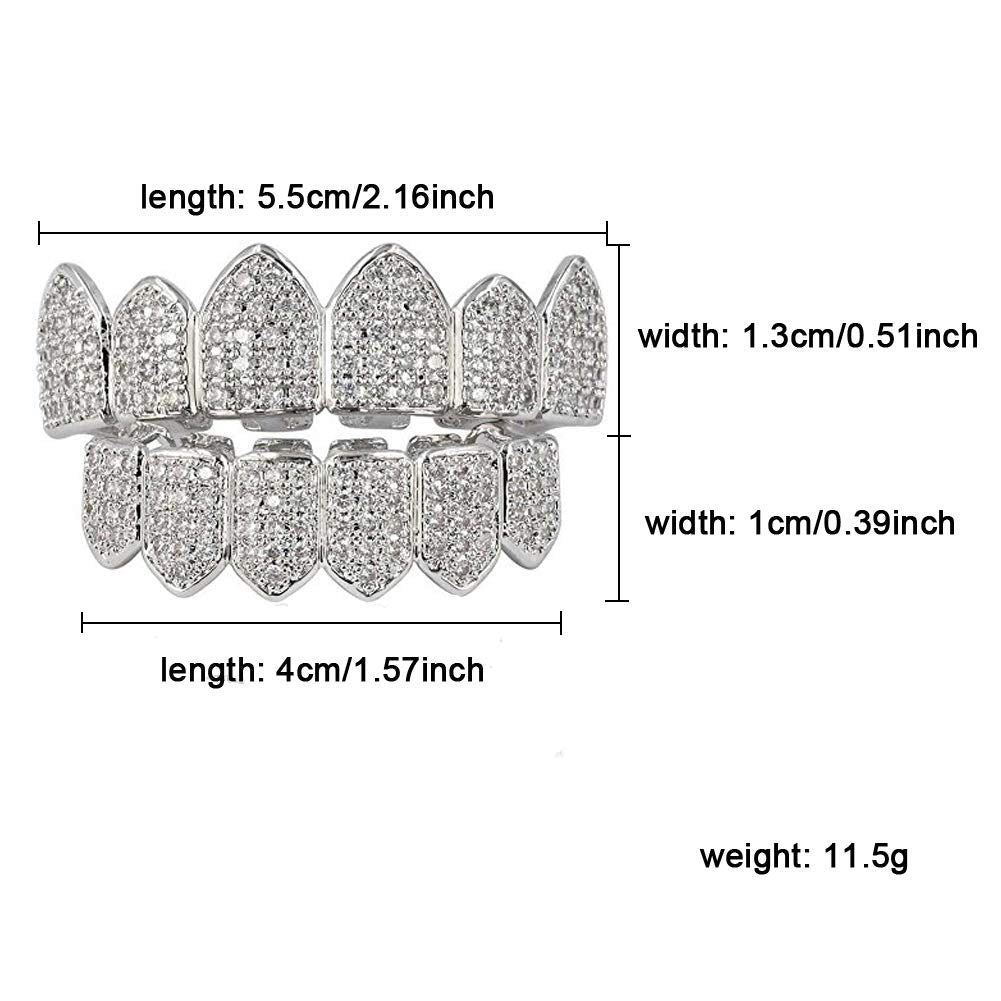 JINAO Grillz Diamond Grills for Your Teeth for Men Women 18K Gold Plated Iced Out Macro Pave Cubic Zirconia Mouth Grill with Extra Molding Bars Included(Silver Set)