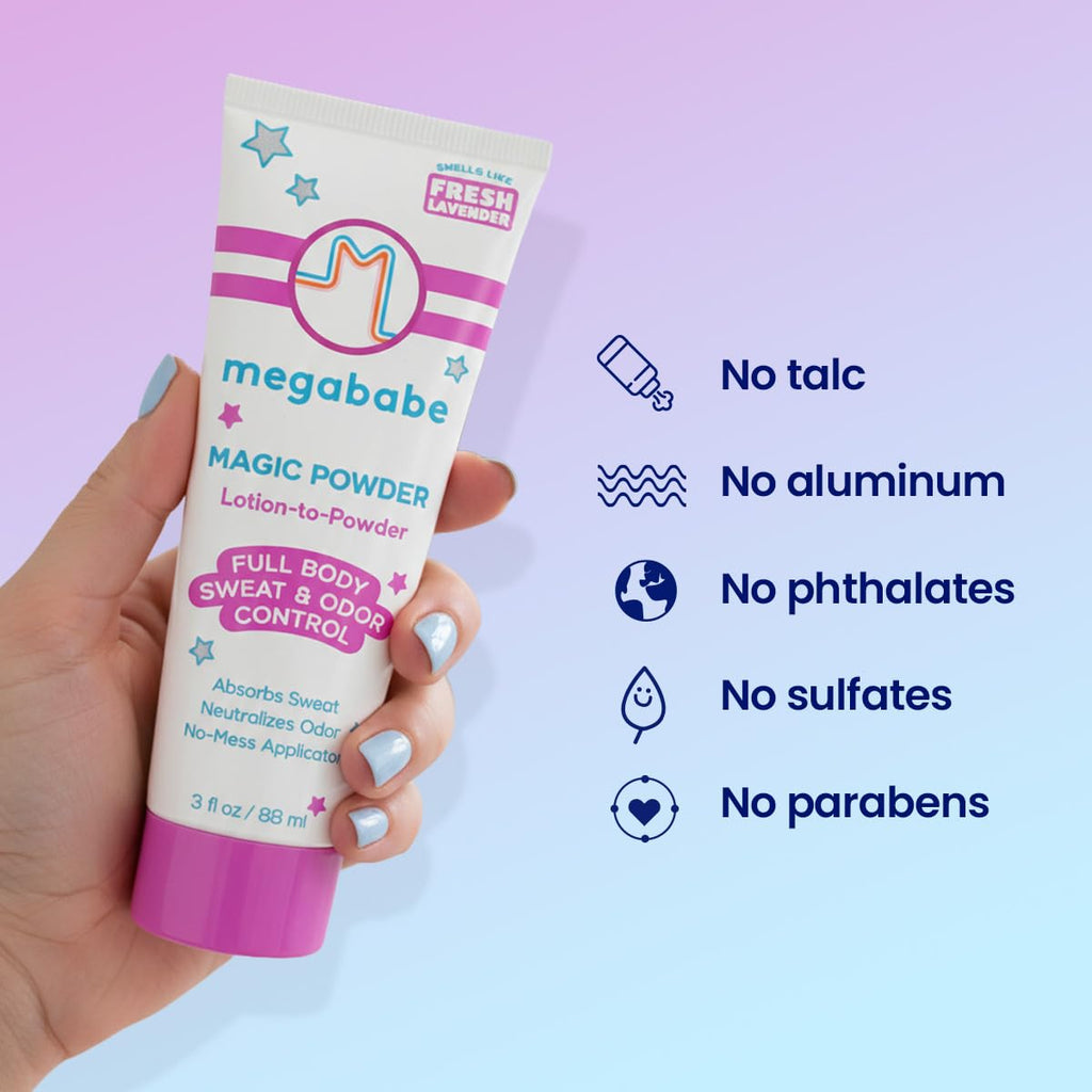 Megababe Sweat & Odor Absorbing Lotion - Magic Powder Stay-Dry Lotion to Powder | Spring Break Must-Have | Aluminum-Free, Talc-Free | 3 fl oz
