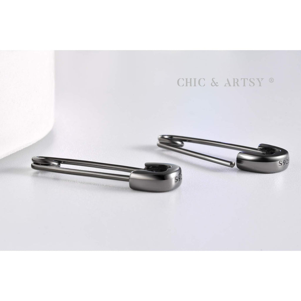 CHIC & ARTSY Black Paperclip Earrings 925 Sterling Silver Black Safety Pin Punk Stud Earrings for Women