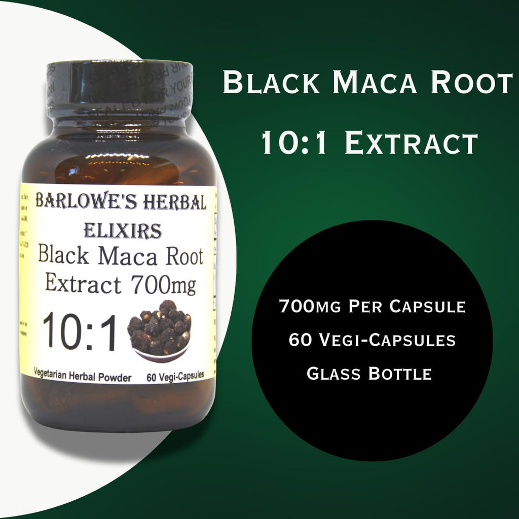 Barlowe's Herbal Elixirs Black Maca | Peruvian Maca Root Extract | 700 mg per Capsule | 60 Veggie Capsules (Vegan, Kosher, Halal) | | Glass Bottle | Third Party Tested