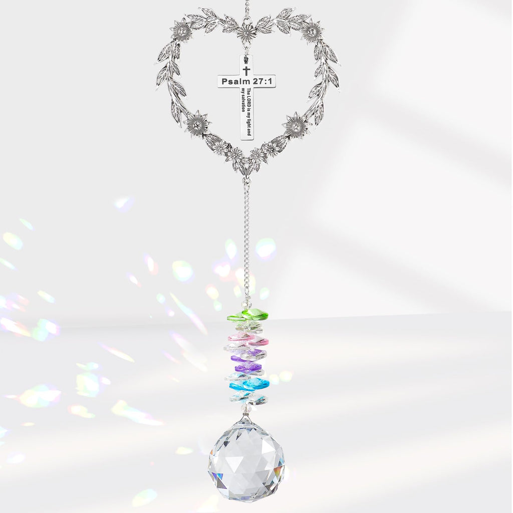 Elivida Christian Gifts for Women, Heart-Shaped Suncatcher with Cross - Religious Birthday Ornament with Scripture The Lord is My Light and My Salvation - Inspirational Catholic Spiritual Gifts