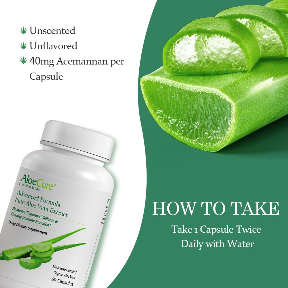 AloeCure Aloe Vera Capsules, Made with Organic Aloe Vera Aloin Free to Gently Support Gut Health & Digestive Comfort, Stomach Acid Buffer, Natural Immune Supplement, 2Btls x 60 Caps, 300mg Capsules
