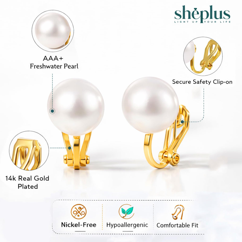 Sheplus Freshwater Pearl Clip On Gold Earrings for Women