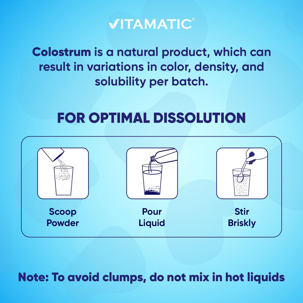 Vitamatic Bovine Colostrum + Collagen Powder - Supplement for Gut Health, Hair Growth, Beauty, Muscle Recovery, & Immune Support - Easy to Mix - Unflavored - 454 Gram, (16 oz)