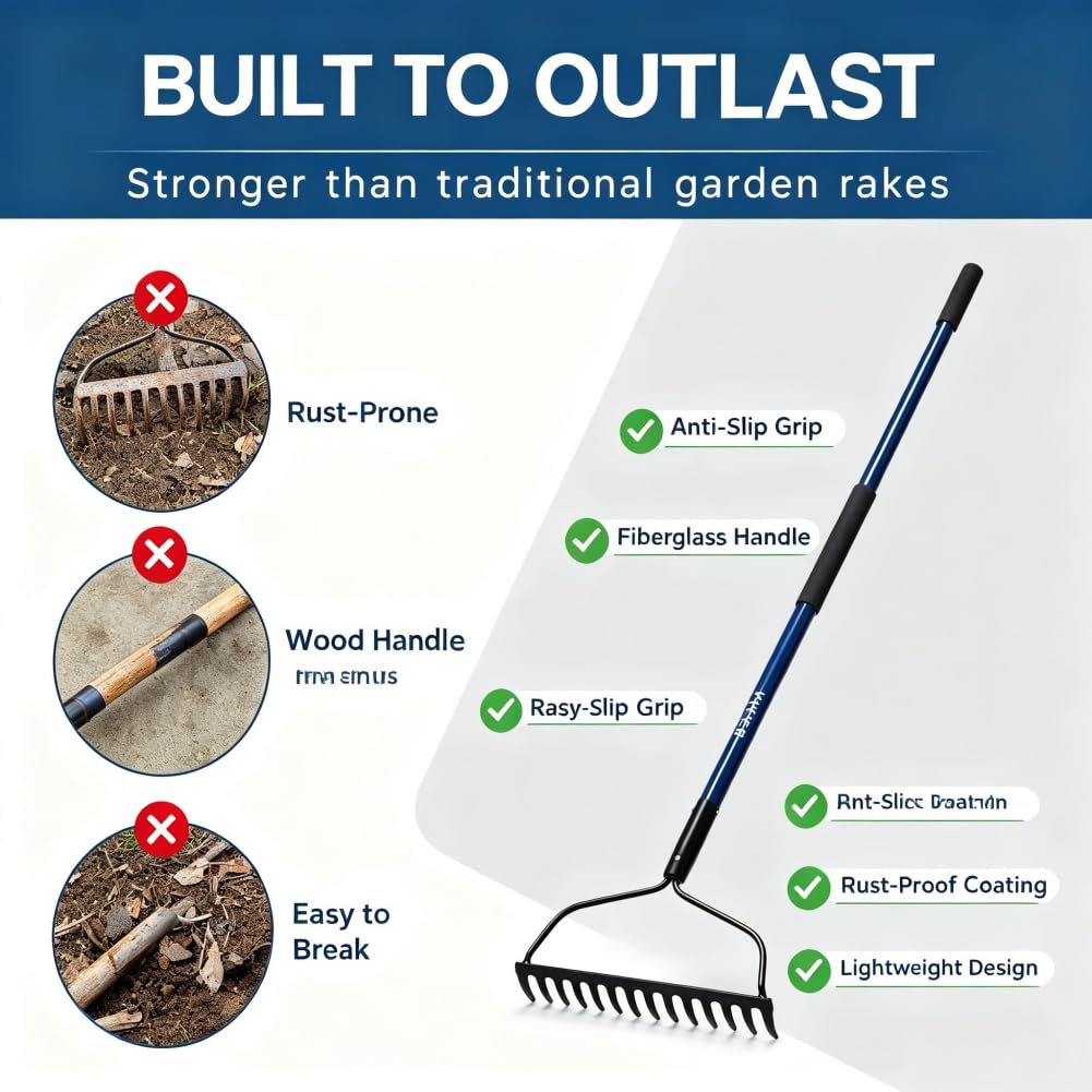 WIKER Heavy Duty Steel Garden Rake, 57 Inch Fiberglass Long Handle with 14 Tempered Tines, One-Piece Non-Slip Yard Rake for Soil, Gravel, Leaves, Gardening & Landscaping
