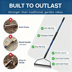 WIKER Heavy Duty Steel Garden Rake, 57 Inch Fiberglass Long Handle with 14 Tempered Tines, One-Piece Non-Slip Yard Rake for Soil, Gravel, Leaves, Gardening & Landscaping