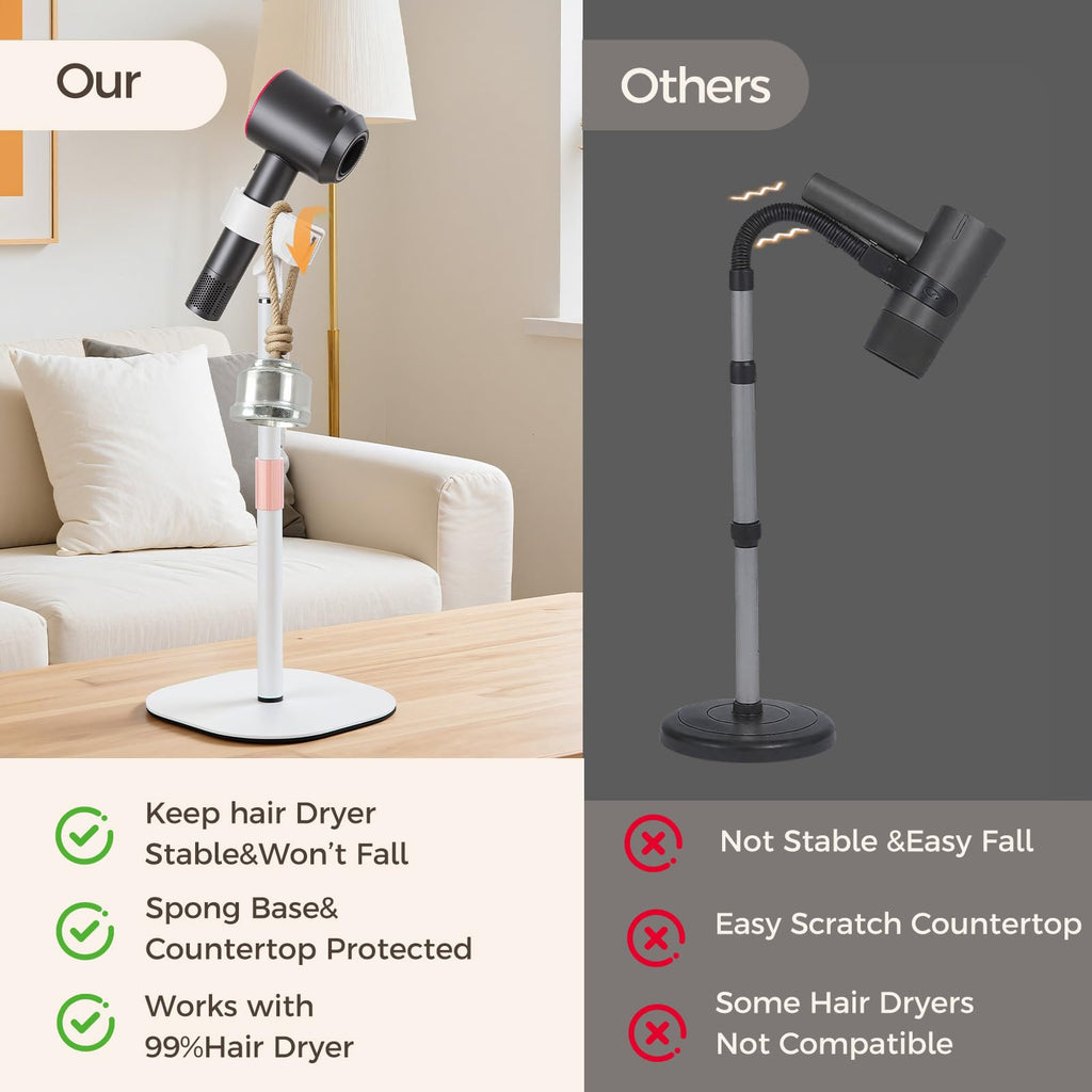 Hands Free Hair Dryer Stand Holder, Countop Blow Dryer Holder with 360 Degree Rotating, Height Adjustable, Universal Grip Works for 99% Blow Dryer (White)