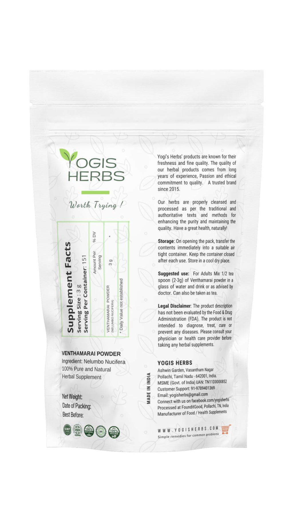 YOGIS HERBS Venthamarai Powder, White Lotus (Nelumbo Nucifera/Sacred Lotus/Padma) - Traditional Tamil Siddha Herb for Heart Wellness, Supports Calm Mind & Restful Sleep - Pure Petal Powder