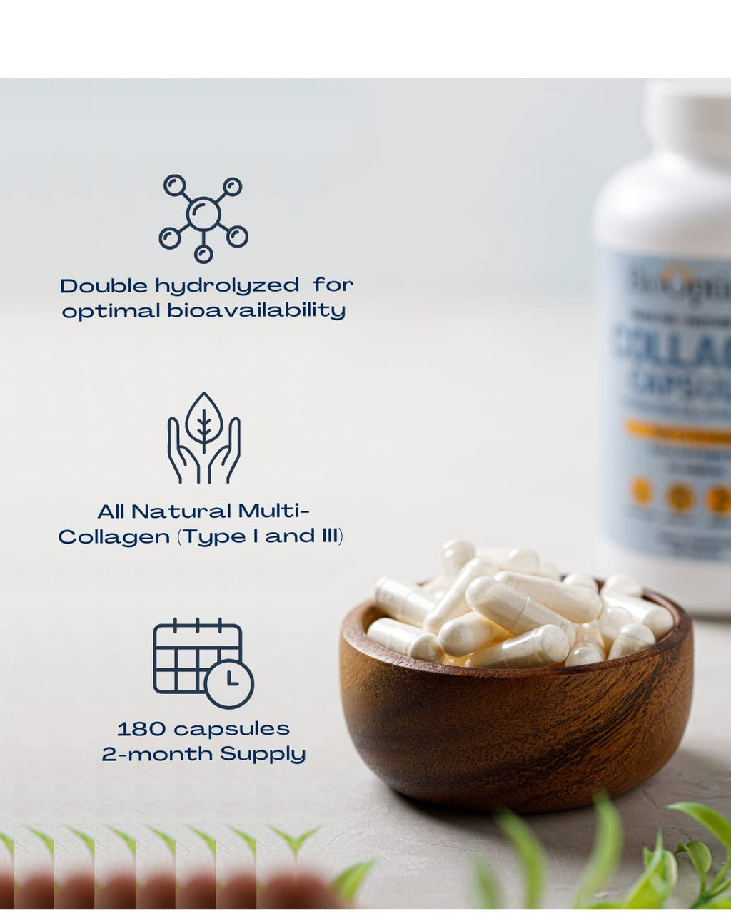 BioOptimal Collagen Peptides Capsules - Grass-Fed, Pasture-Raised Hydrolyzed Protein Supplement for Skin, Hair, & Nails - Non-GMO, Zero Sugar Daily Pills for Men & Women (180 Capsules)