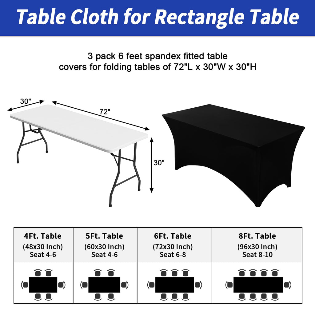 Fixwal 3 Pack 6FT Black Tablecloth Rectangle Spandex Fitted Table Cover