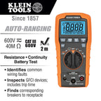 Klein Tools ET270 Auto-Ranging Digital Multi-Tester, AC/DC, Resistance, Continuity, GFCI Receptacle Tester with Test Leads and Receptacle Cord