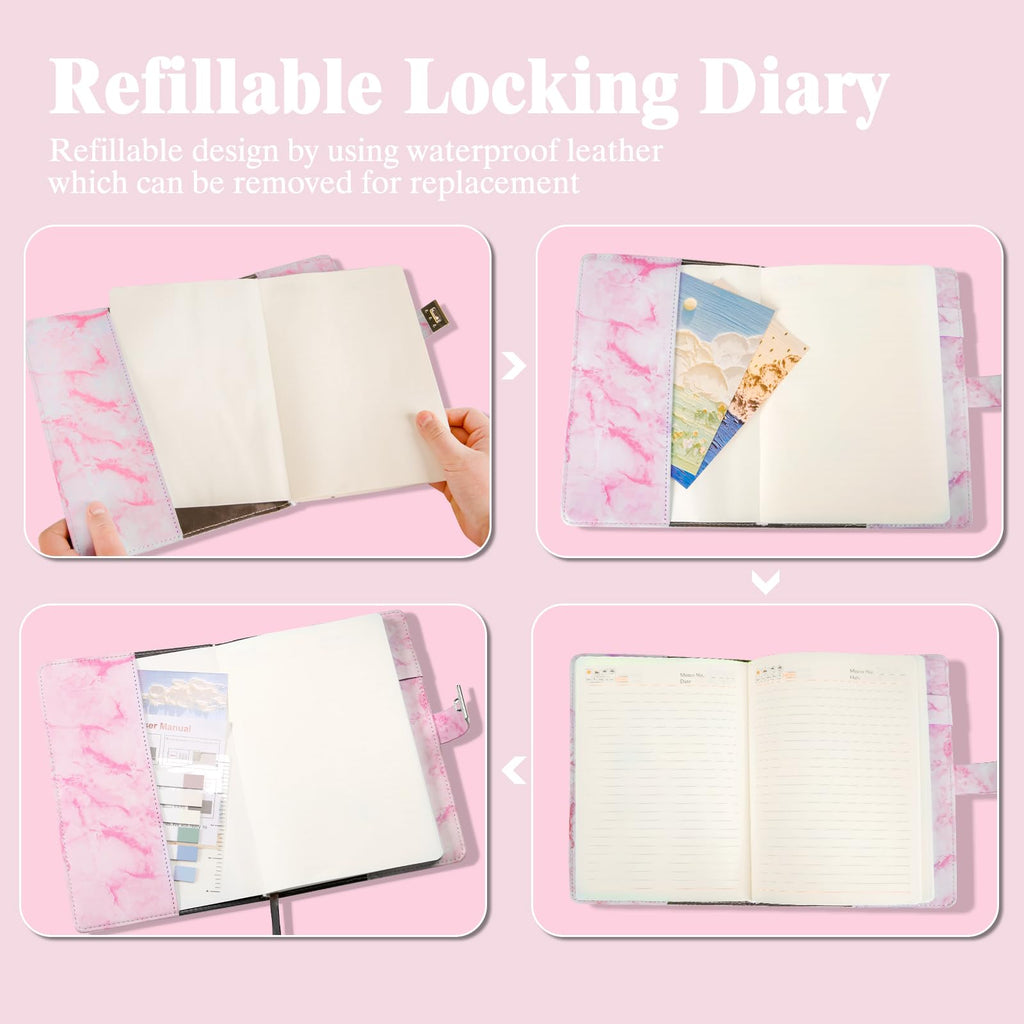 Kutoda Marble Diary with Lock, 192 Pages College Ruled Secret Journal with Lock, Waterproof A5 locked journal for women, Cute Diary Stuff for Teen Girls (Pink)
