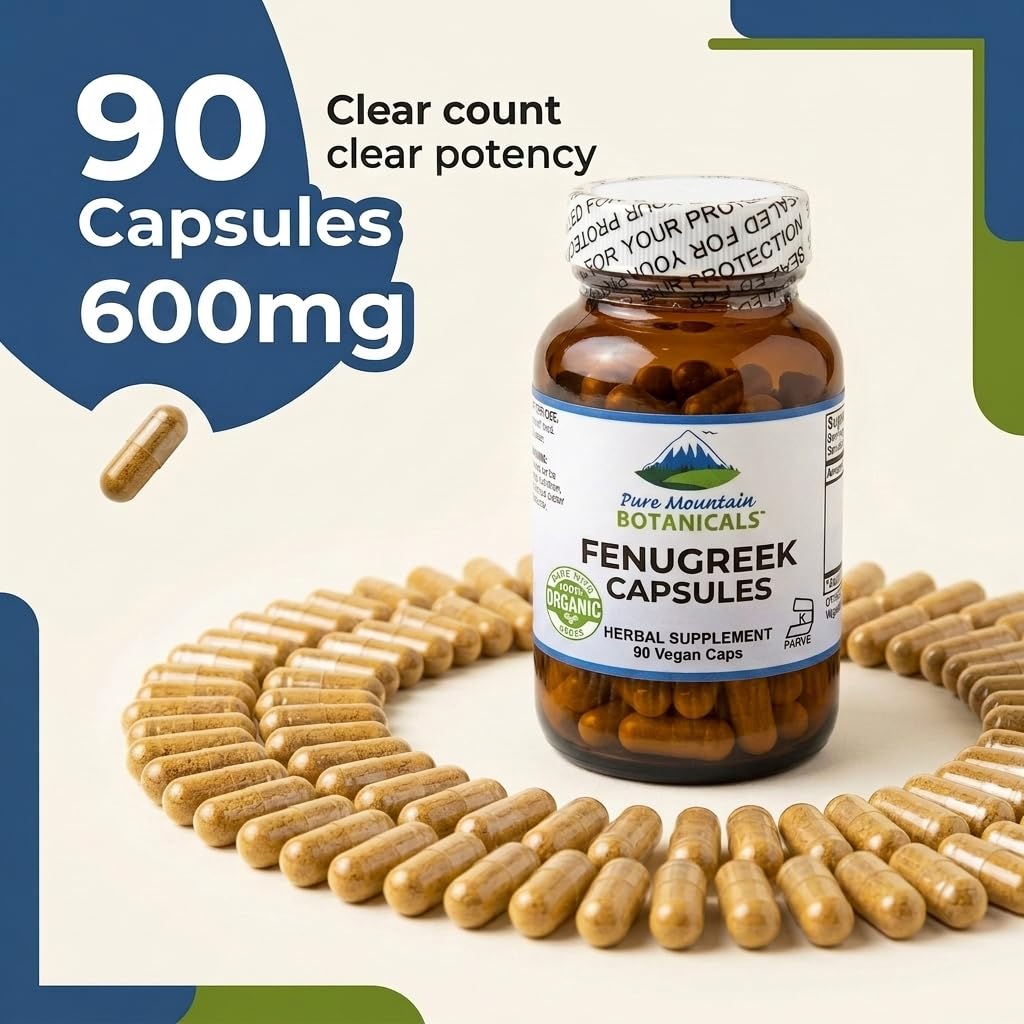 Pure Mountain Botanicals Fenugreek Capsules 600mg Organic - 90 Vegan Kosher Caps - Fenugreek Seed Supplement for Women and Men - Non-GMO Gluten Free - Fenogreco