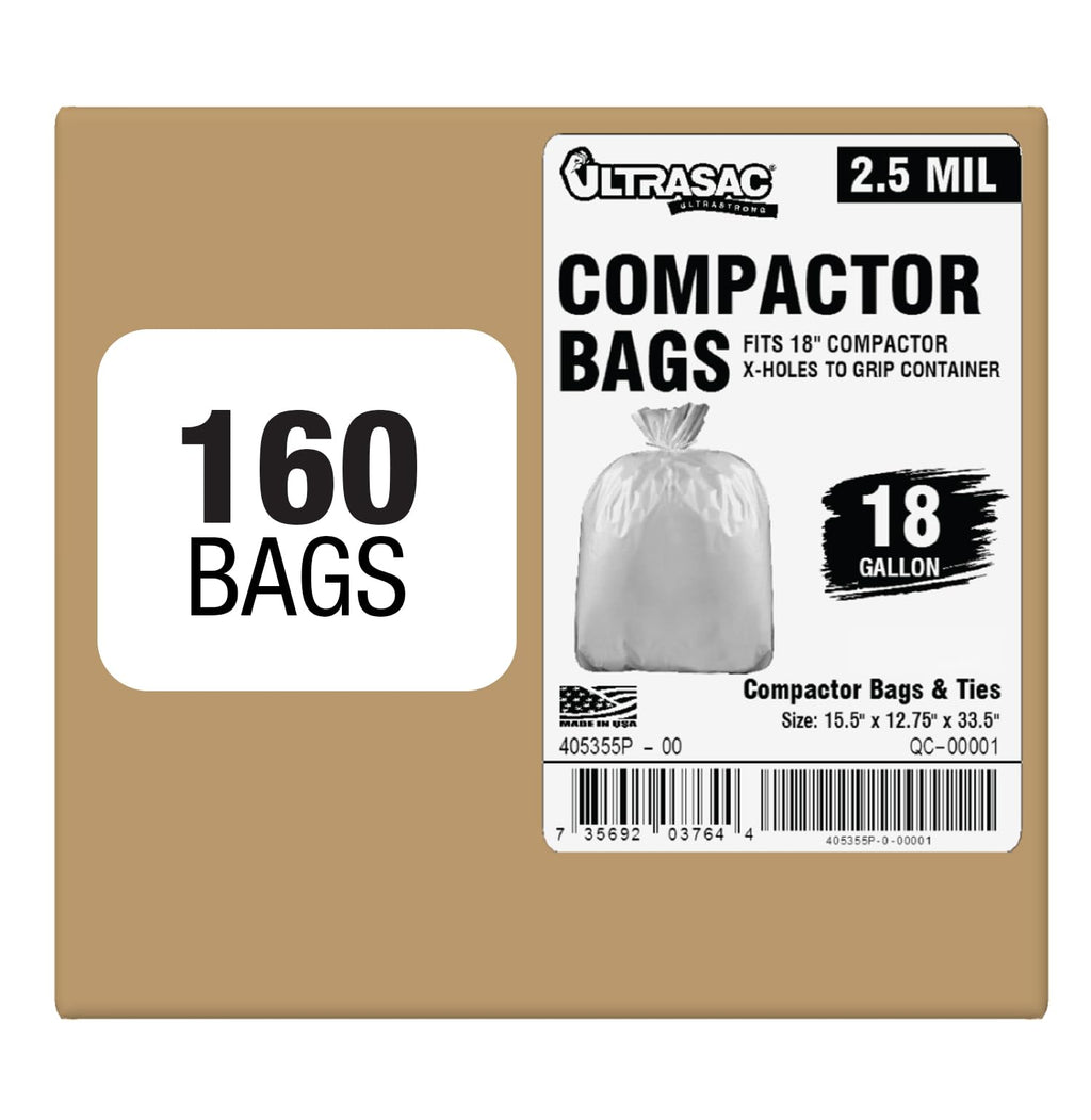 Ultrasac 18 Gallon Compactor Bags (160 Pack with Ties) For 18 Inch Compactors - 28.25" x 33.5" Heavy Duty 2.5 MIL Garbage Disposal Bags Compatible with Whirlpool