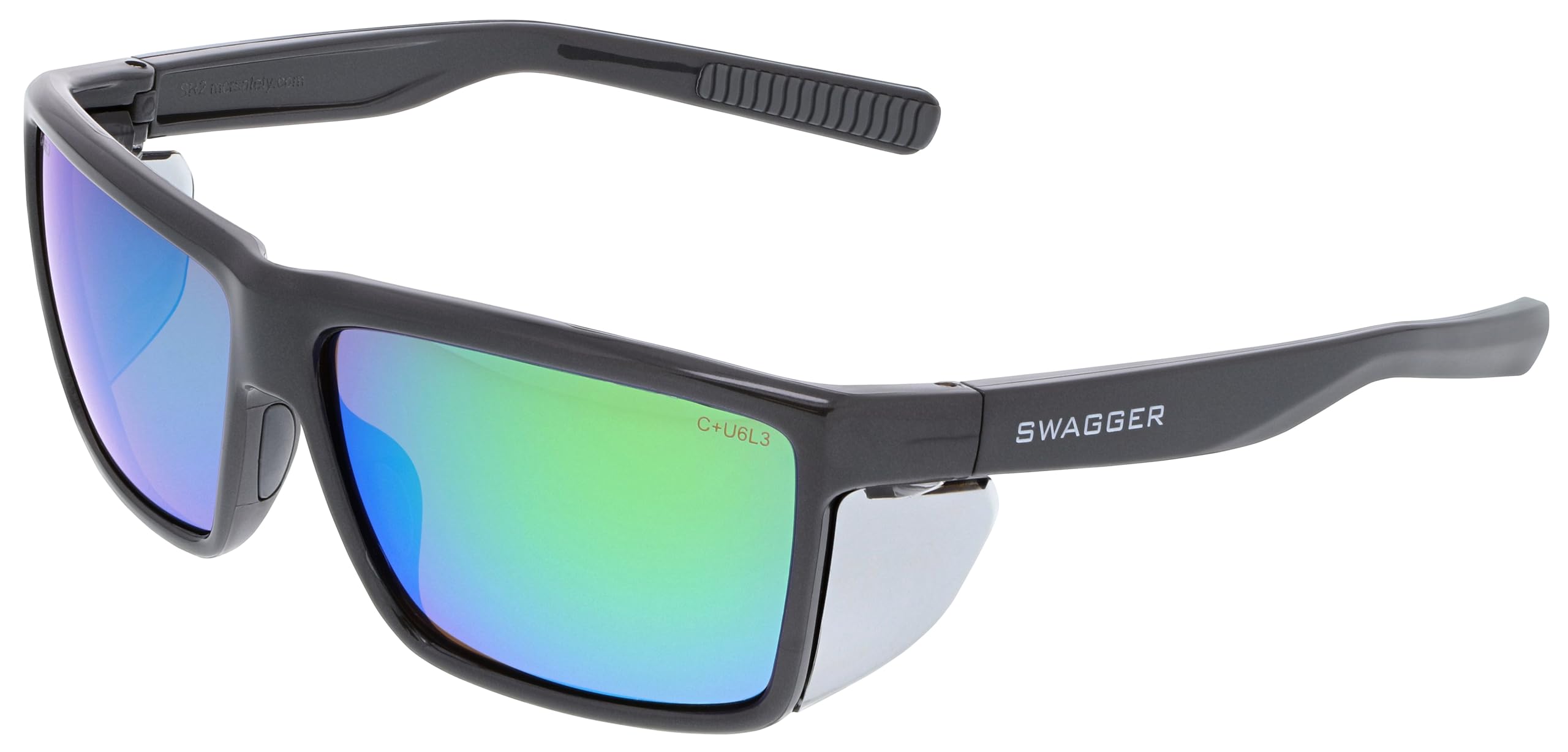 MCR Safety SR22BGZDC Swagger SR2 Series Safety Glasses with Thermo Plastic Rubber Nose Pads and Detachable Side Shields, Charcoal Frame, Green Mirror Polarized Anti-fog Lens