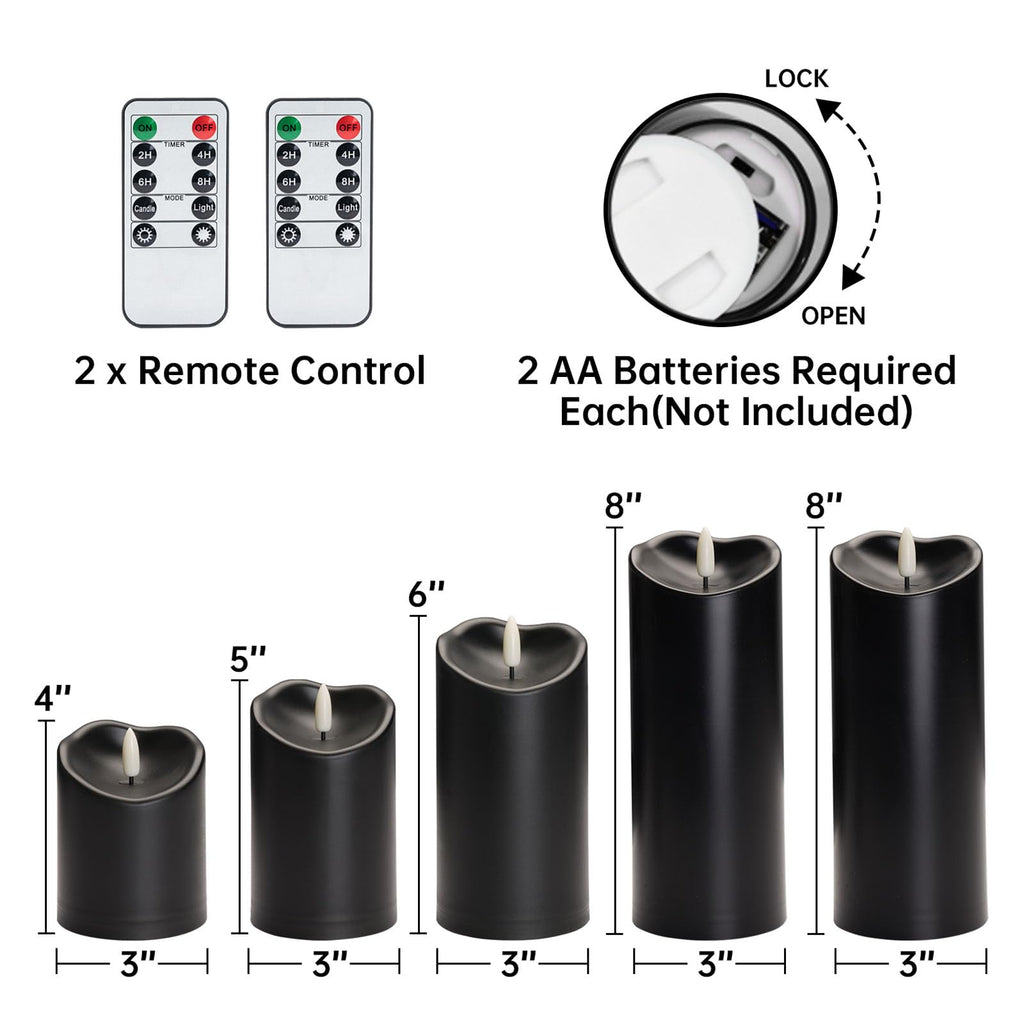 Amagic Black Halloween Flameless Candles with Remote, Waterproof Outdoor Candles Battery Operated with Timer, Plastic Flickering LED Pillar Candle for Holiday, Theme Party, Pumpkin Decor, Set of 5