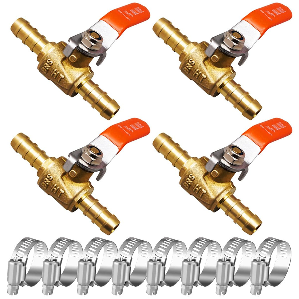 Horiznext 3/8 inch mini 2 way brass barb air ball valve for water gas fuel shut cut off 10mm pex tubing, (4 pcs in pack)