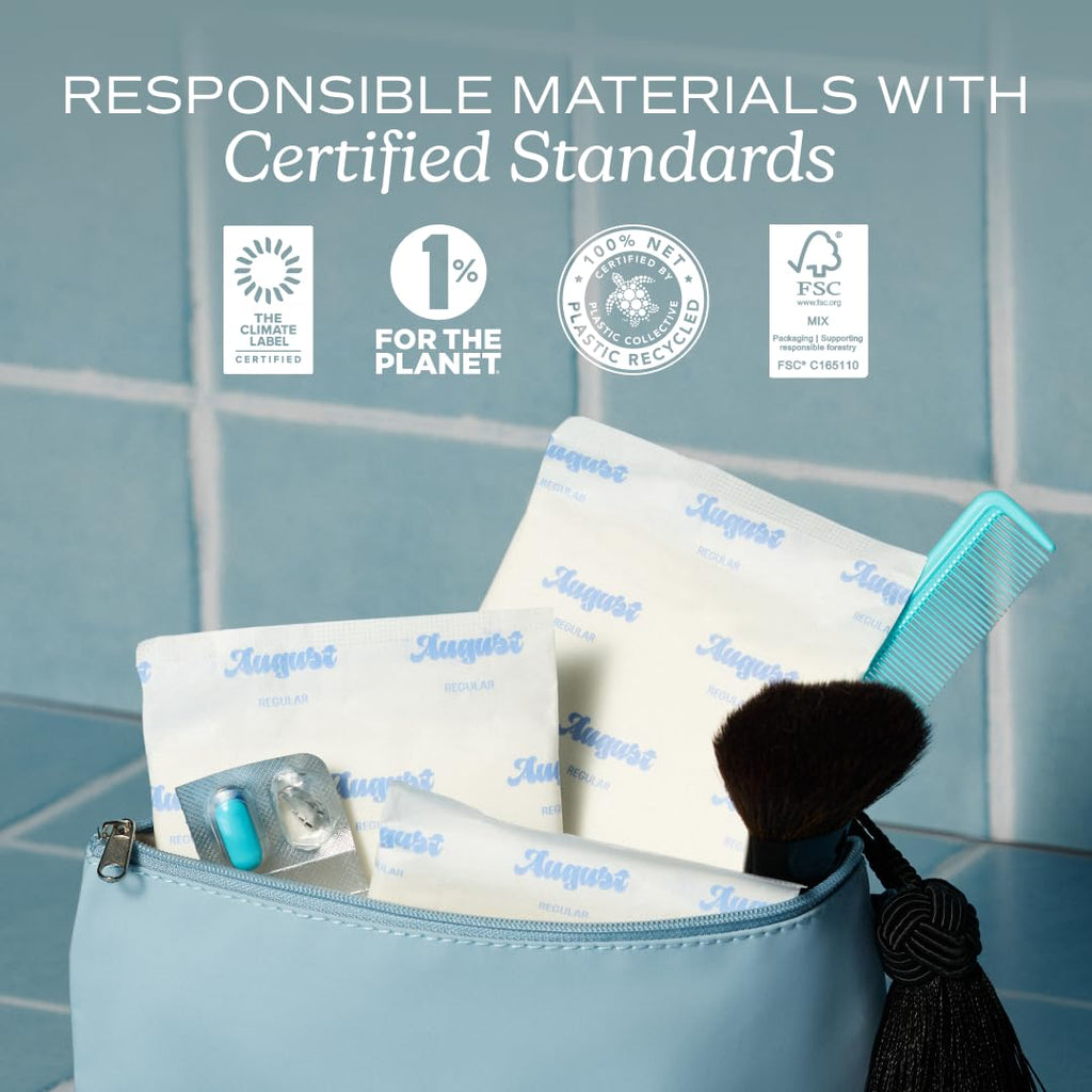 August Menstrual Day & Night Organic Cover Pads, 48-Pack Regular, 48-Pack Super Pads, Compostable Wrappers, Hypoallergenic Organic Cover Sanitary Napkins for Anyone Who Menstruates (6 Boxes of 16)