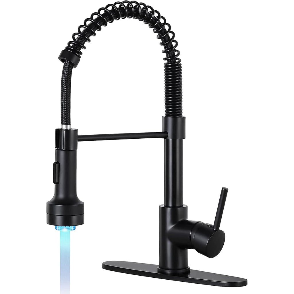 DJS Kitchen Faucets with Pull Down Sprayer LED Light Single Handle 1 or 3 Holes Spring Kitchen Sink Faucet with Deck Plate for Farmhouse RV Vessel Basin