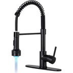 DJS Kitchen Faucets with Pull Down Sprayer LED Light Single Handle 1 or 3 Holes Spring Kitchen Sink Faucet with Deck Plate for Farmhouse RV Vessel Basin