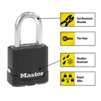 Master Lock Black Key Lock, Heavy Duty Weather Resistant Padlock with Cover, Keyed Alike Padlocks for Outdoor Use, 4 Pack, M115XQLF