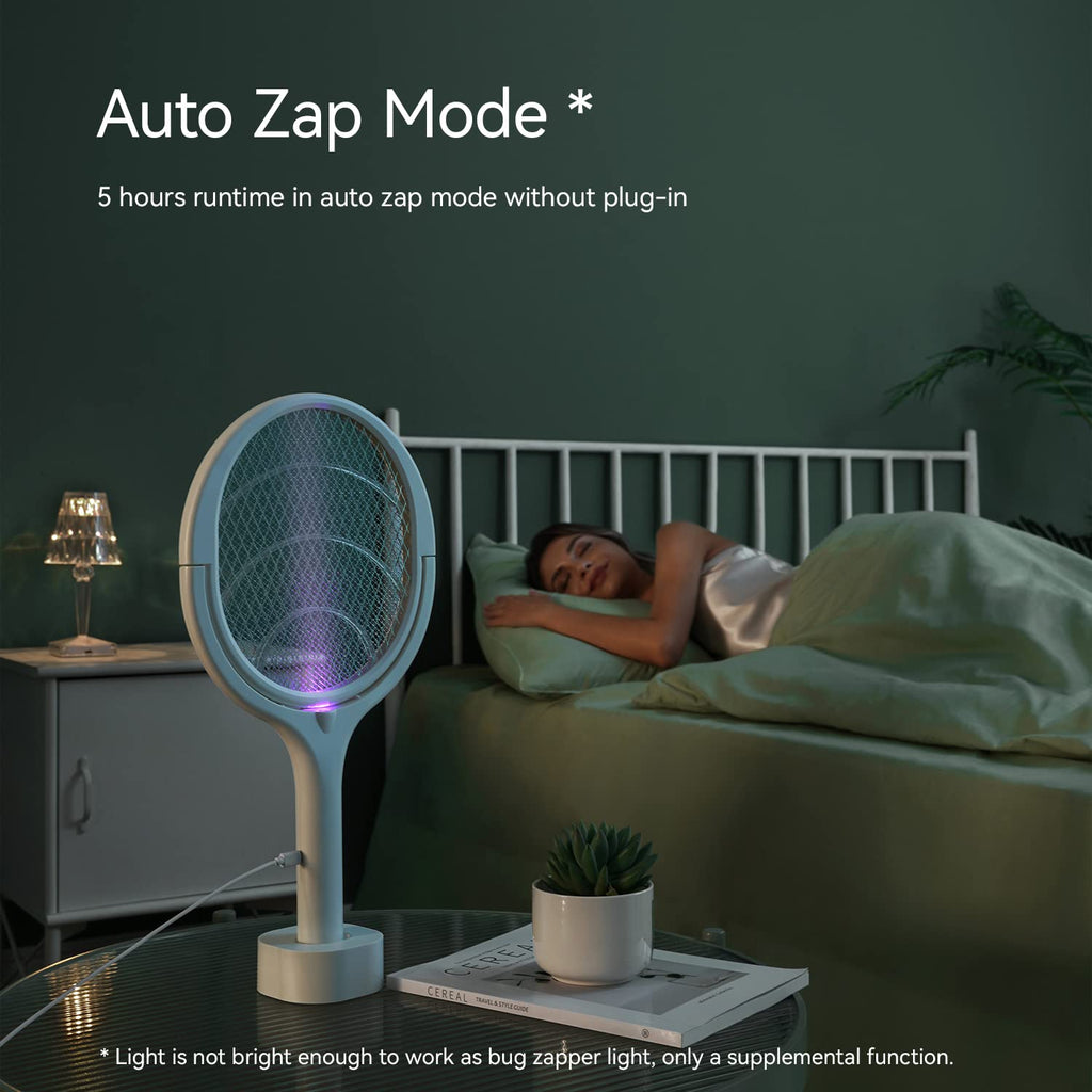 Rotating Head Rechargeable Electric Fly Swatter Racket Bug Zapper Racket Mosquito Zapper Indoor Bug Zapper Fruit Fly Zapper Spider Killer Gnat Trap Wasp Catcher, with a Telescopic Extension Wand