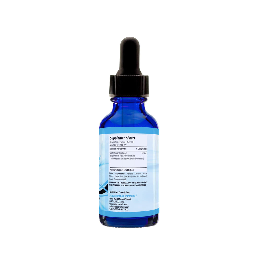 Absonutrix DIM (Diindolylmethane) Extract 593 mg, 4 Oz Bottle, 200 Potent Servings, Third-Party Tested Drops, Quick Absorption, Gluten-Free, Third-Party Tested, GMP-Certified, Non-GMO, Made in USA