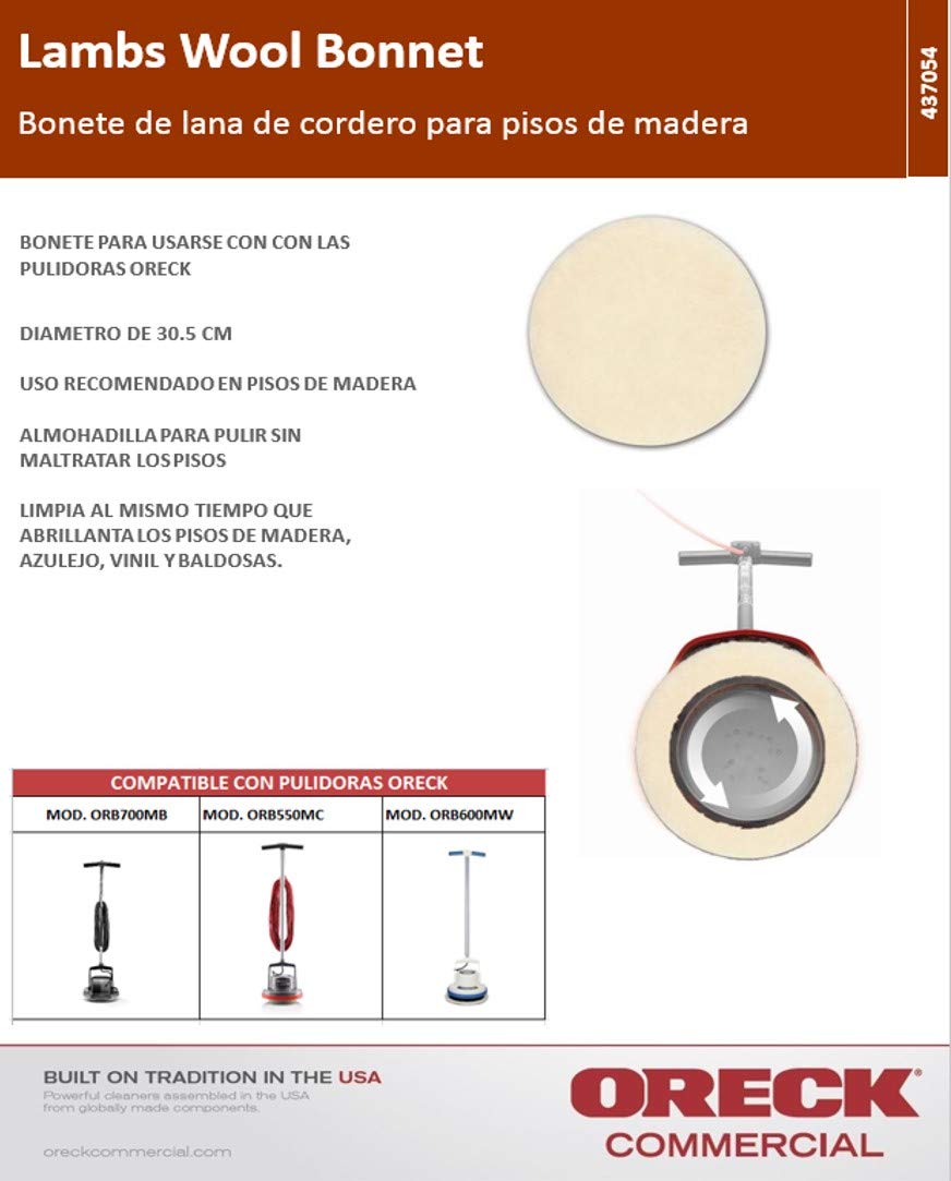 Oreck Commercial 437054 Lambs Wool Bonnet Orbiter Pad, 10-12 in. Diameter, Natural High Gloss Carpet Cleaner Pad, Use with ORB550MC Oreck Commercial Orbiter Hard Floor Cleaner Machine
