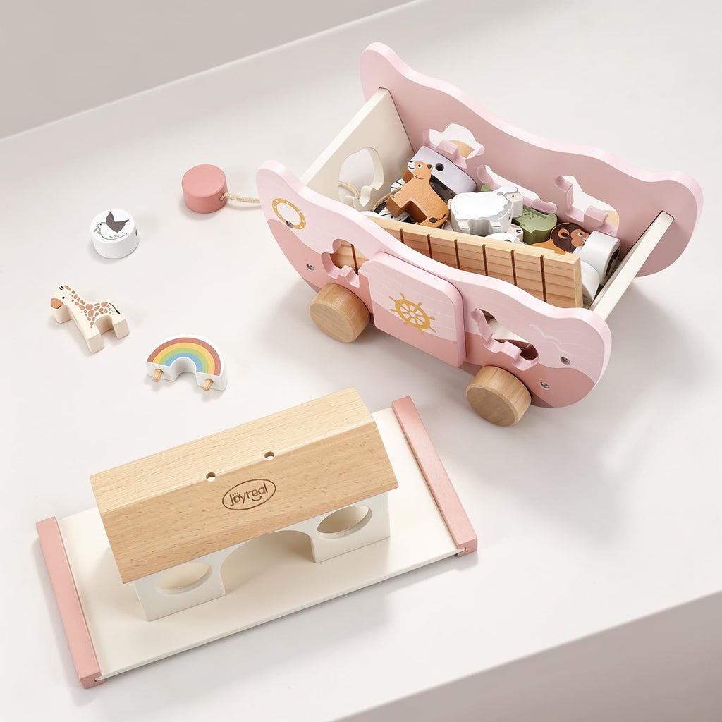 Joyreal Pink Wooden Noah's Ark Toy for 1 Year Old Baby Girl Baptism Gifts