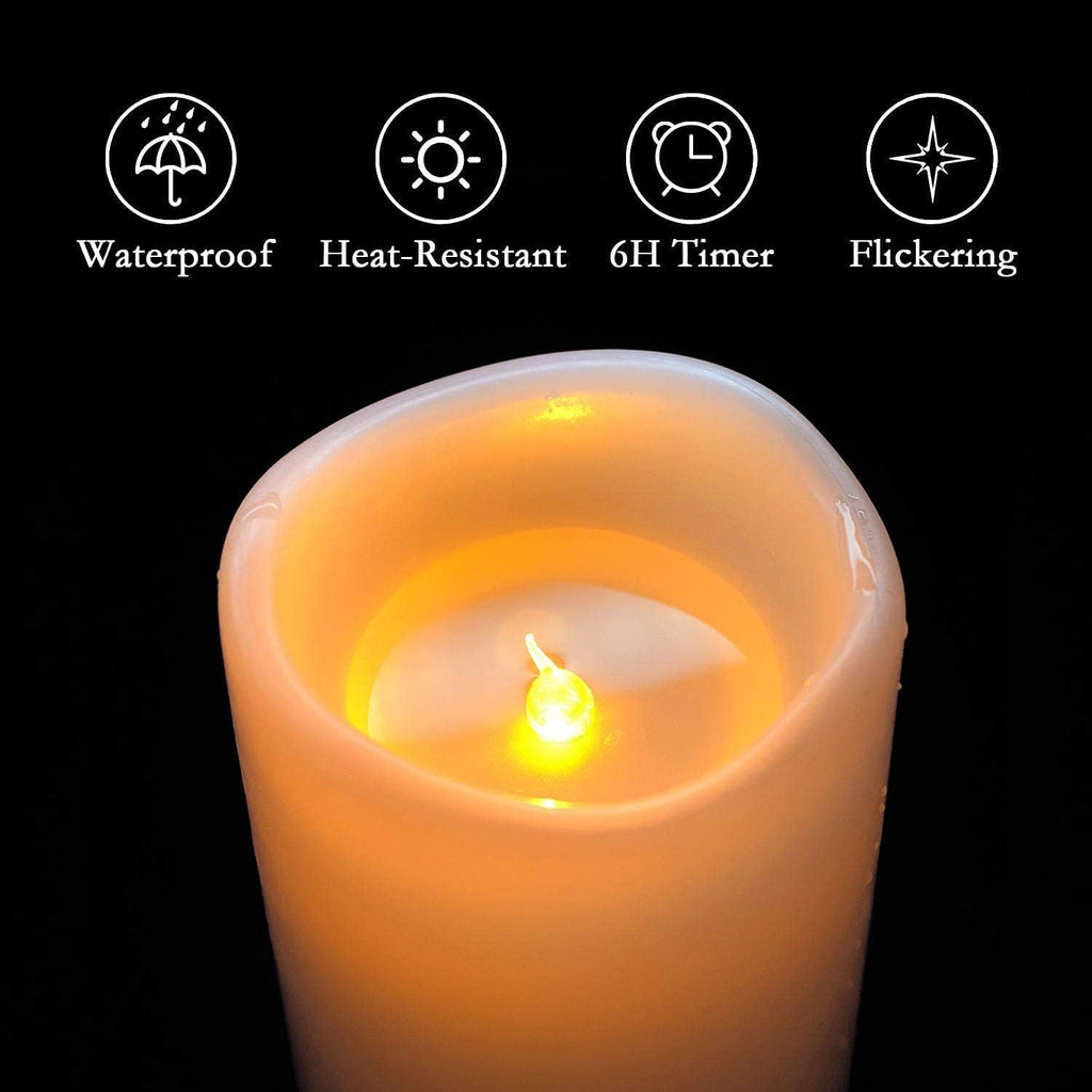 Homemory 4" x 6" Large Waterproof Outdoor Flameless Candles, Battery Operated Flickering LED Pillar Candles with Remote and Timers for Indoor Outdoor Lanterns, Long Lasting, Dark Ivory, Set of 4